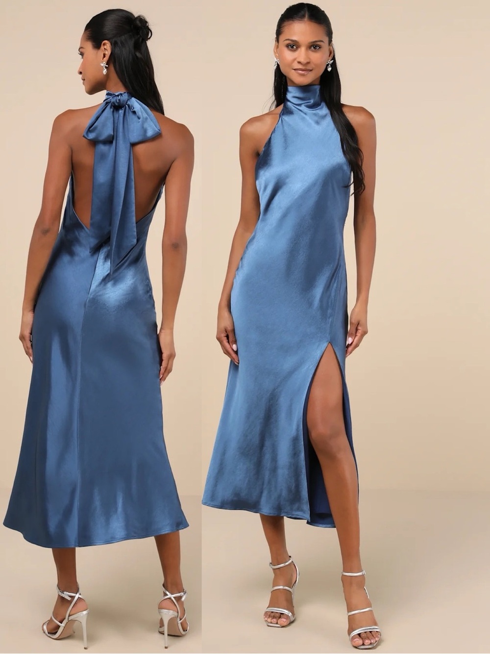 NWT Lulu’s Exceptional Status Blue Halter Backless Slip Midi Dress XS Romantic